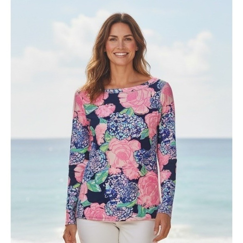 New Lilly Pulitzer Top Medium Aleah High Tide Navy Hey Hey Pink Bouquet Beachy M